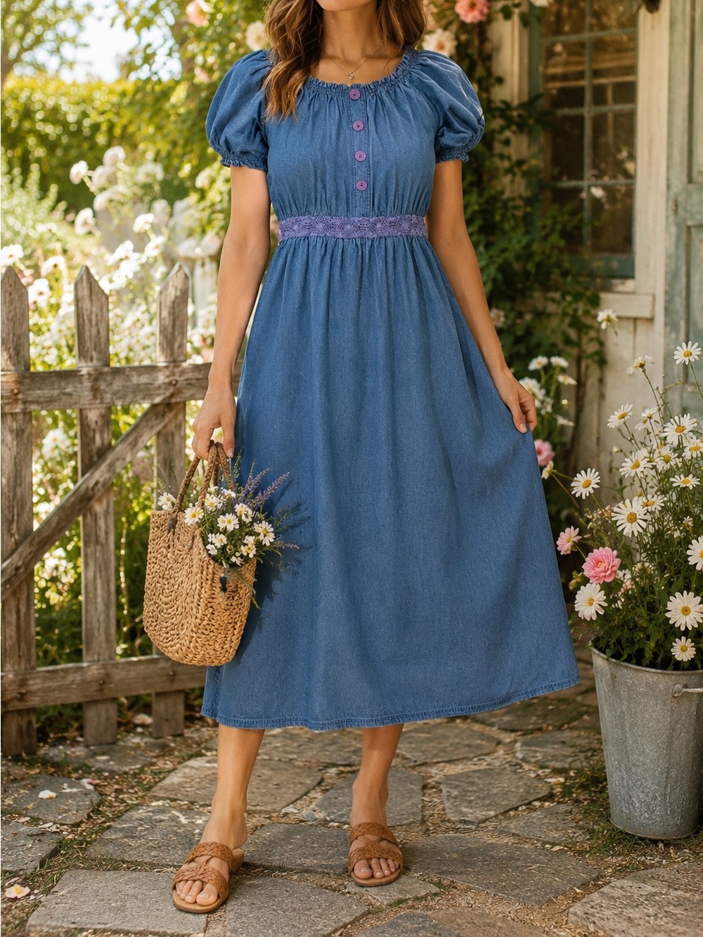 Denim 24/7 Women’s 14W Chambray Midi Dress Cotton Puff Sleeve Lace Cottagecore